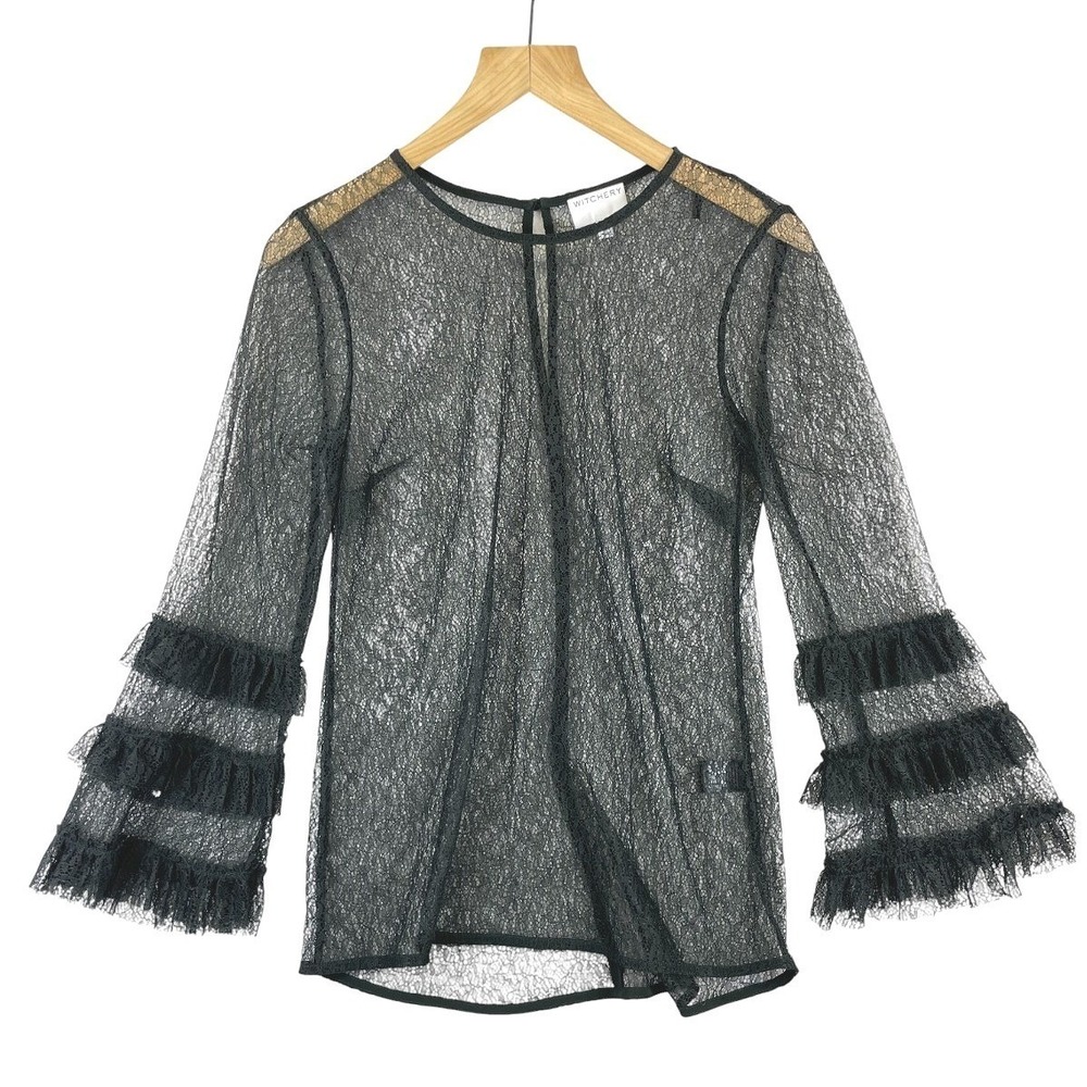Witchery Sheer Lace Ruffle Sleeve Blouse Top Womens XS Black Mesh Evening
